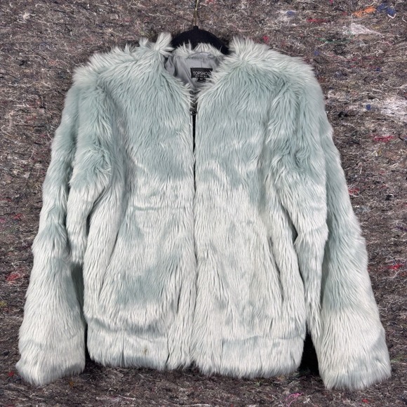 Topshop Faux Fur Jacket Womens Size Light Blue Pockets Full‎ Zip